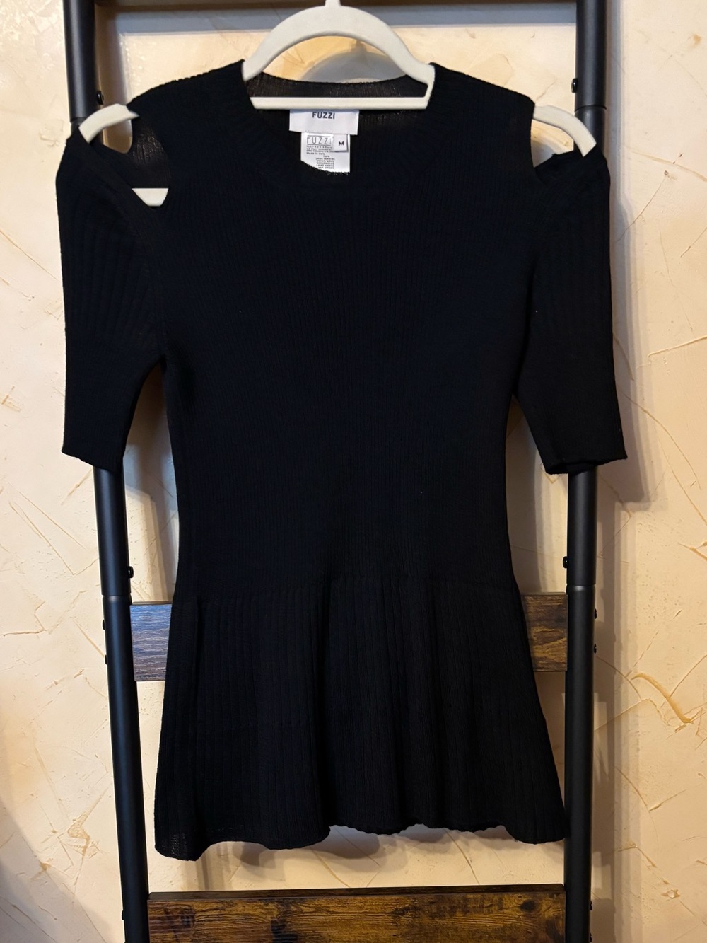 Fuzzi Black Ribbed Cold-Shoulder Peplum Top Size M